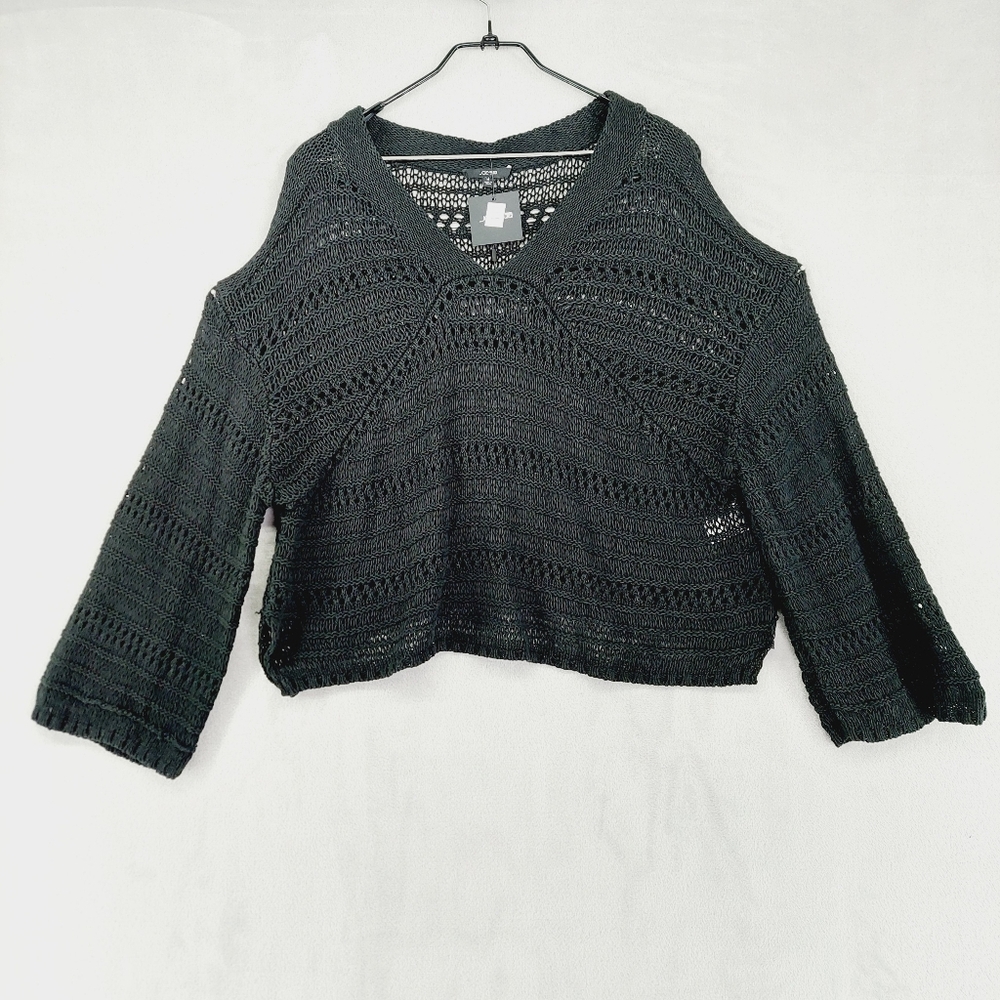 New Joe's Women's Black V-Neck Long Sleeve Knit Crochet Cropped Sweater P3690 - Picture 1 of 8